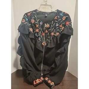 Zara Trf Romantic Fairy Embroidered Black Bomber Jacket Ruffle Sleeve Sz S